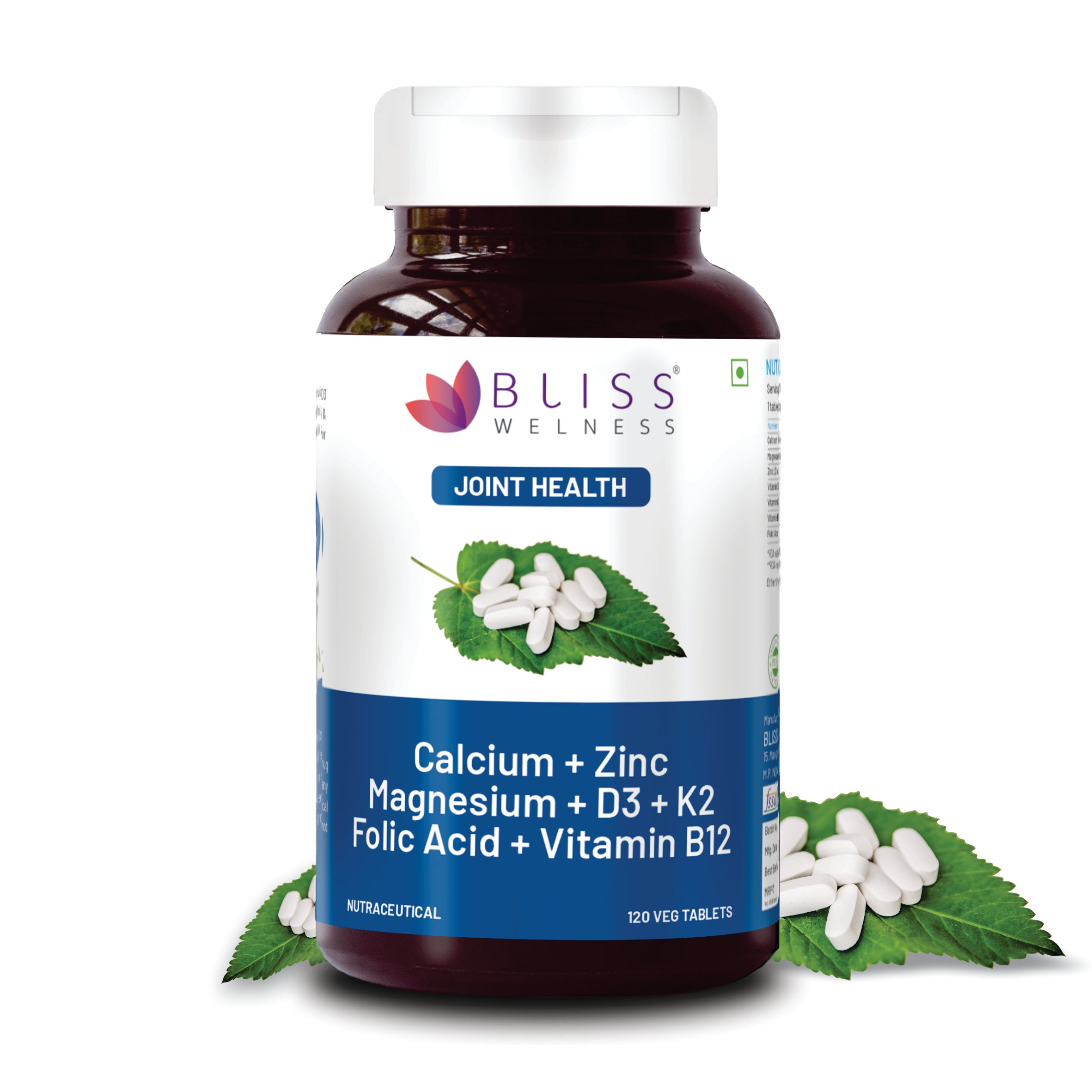 Bliss Welness Bone Strengthening Joint Relief Calcium Magnesium Zinc  Vitamin D3 K2 B12 Folic Acid 120 Vegetarian Tablets