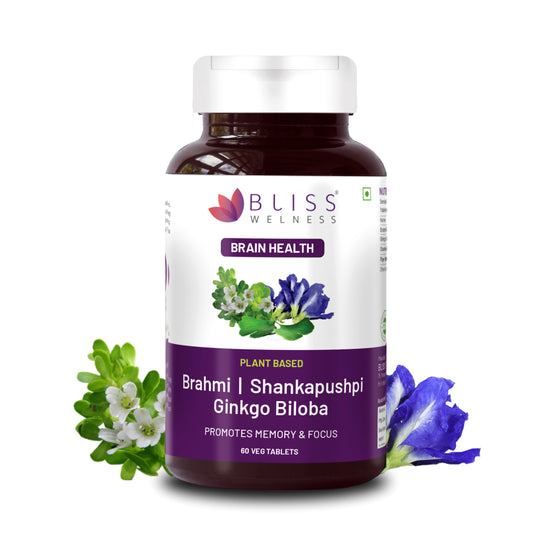 Bliss Welness BrainBliss health tablet for Memory Focus Mood | Brahmi Shankpushpi Ginkgo Biloba & Piperine | Cognitive Development Alertness Anti Anxiety Supplement - 60 Veg Tablets